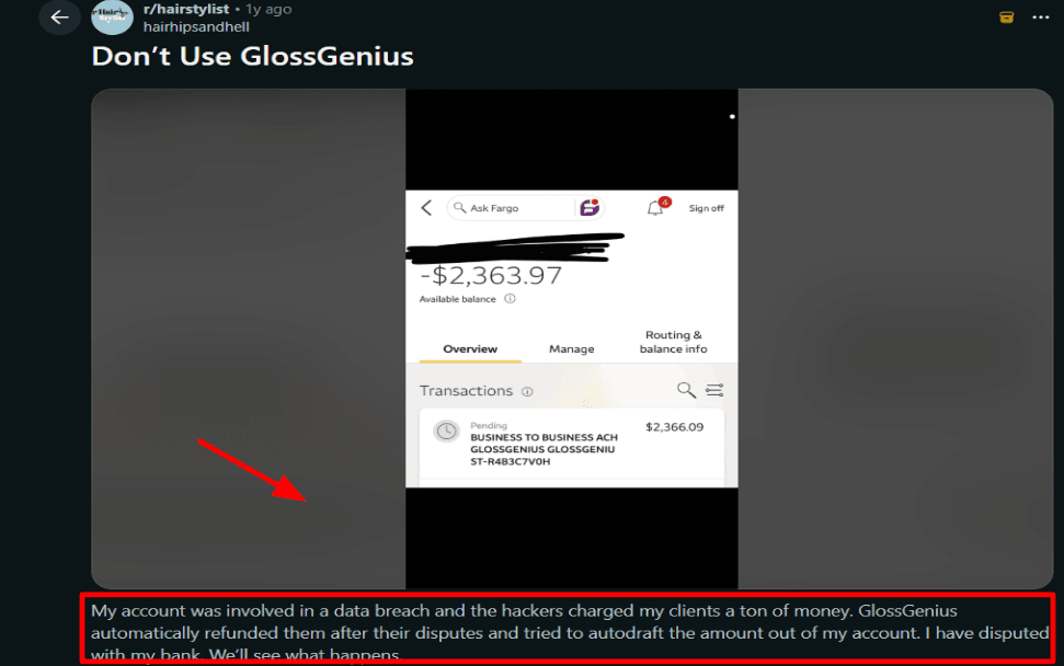 Reddit dispute story on GlossGenius