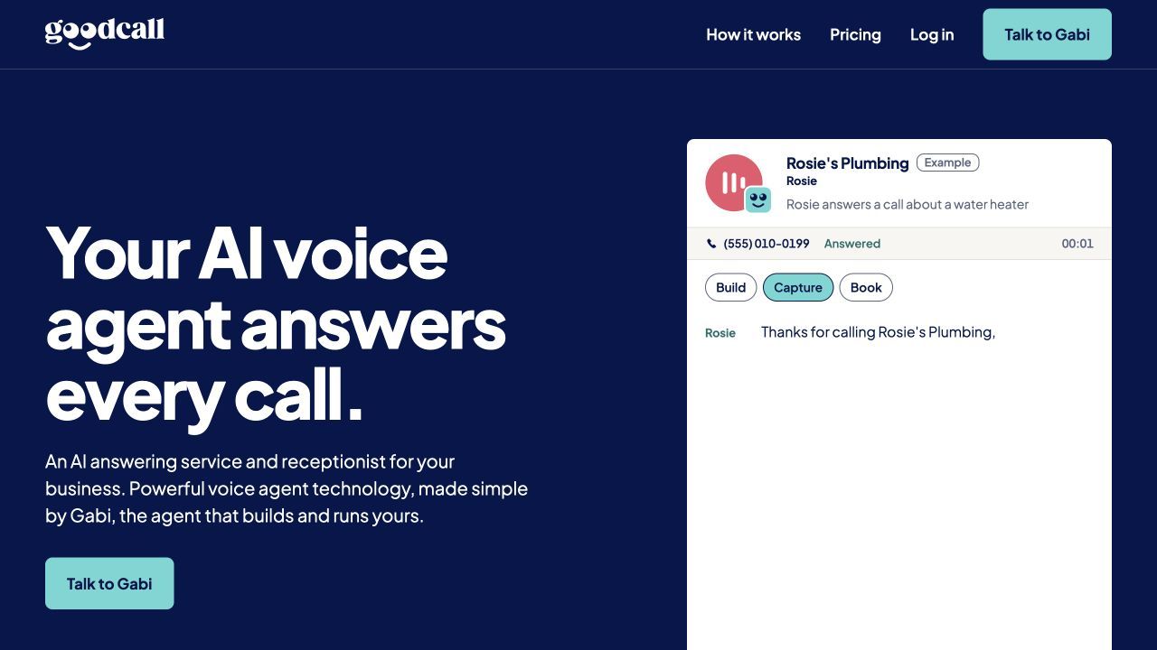 Goodcall product page for businesses comparing AI receptionists with Google Calendar integration