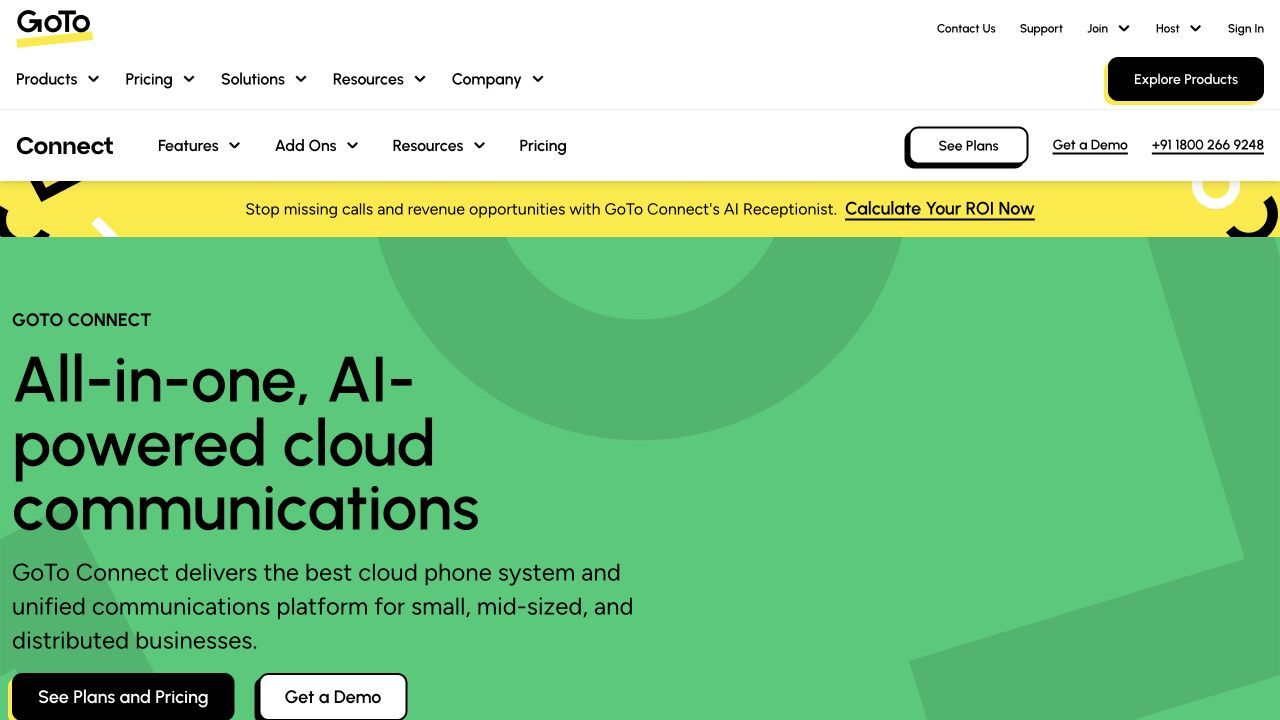 GoTo Connect product page for businesses comparing AI receptionists with call routing