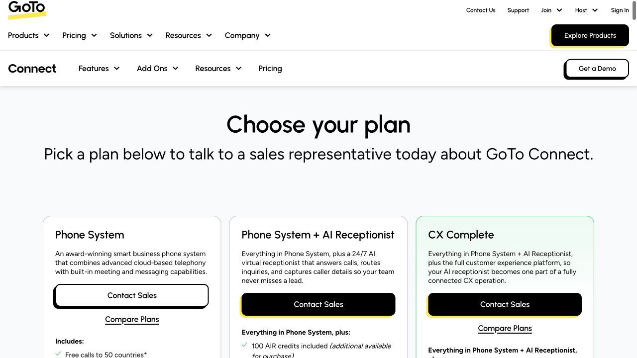 GoTo Connect quote page for AI receptionists with call routing