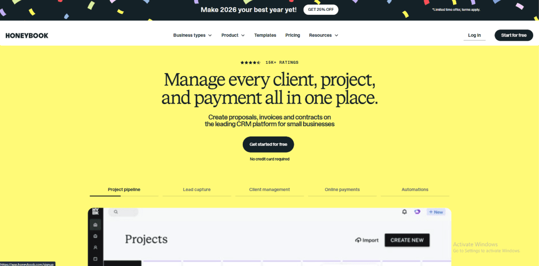 HoneyBook dashboard for client management