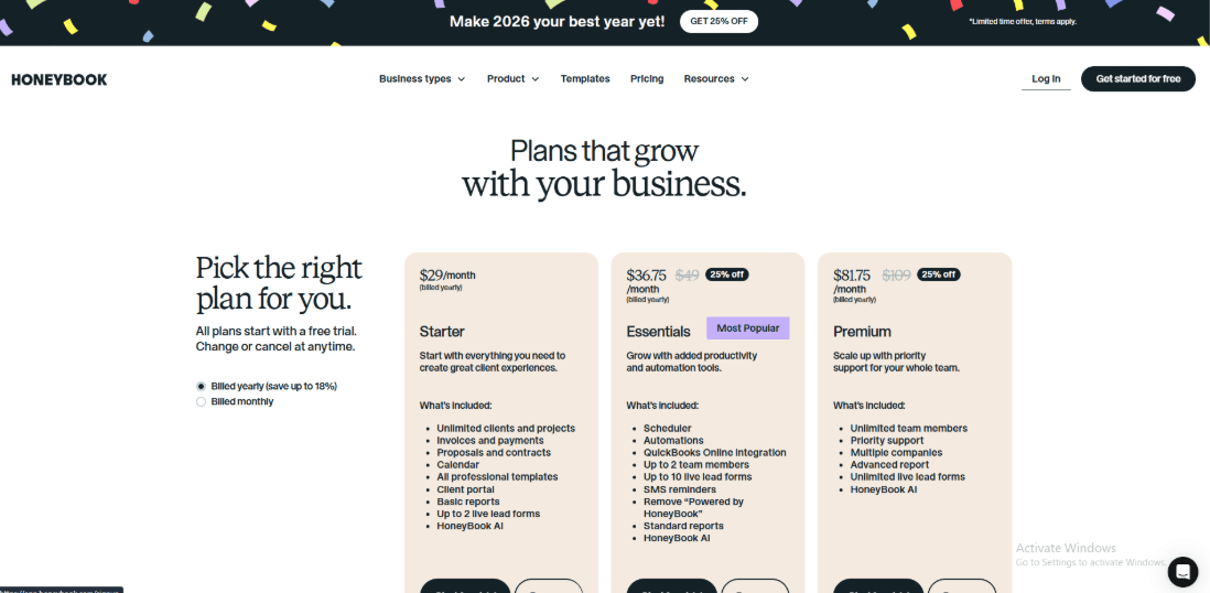 honeybook latest pricing