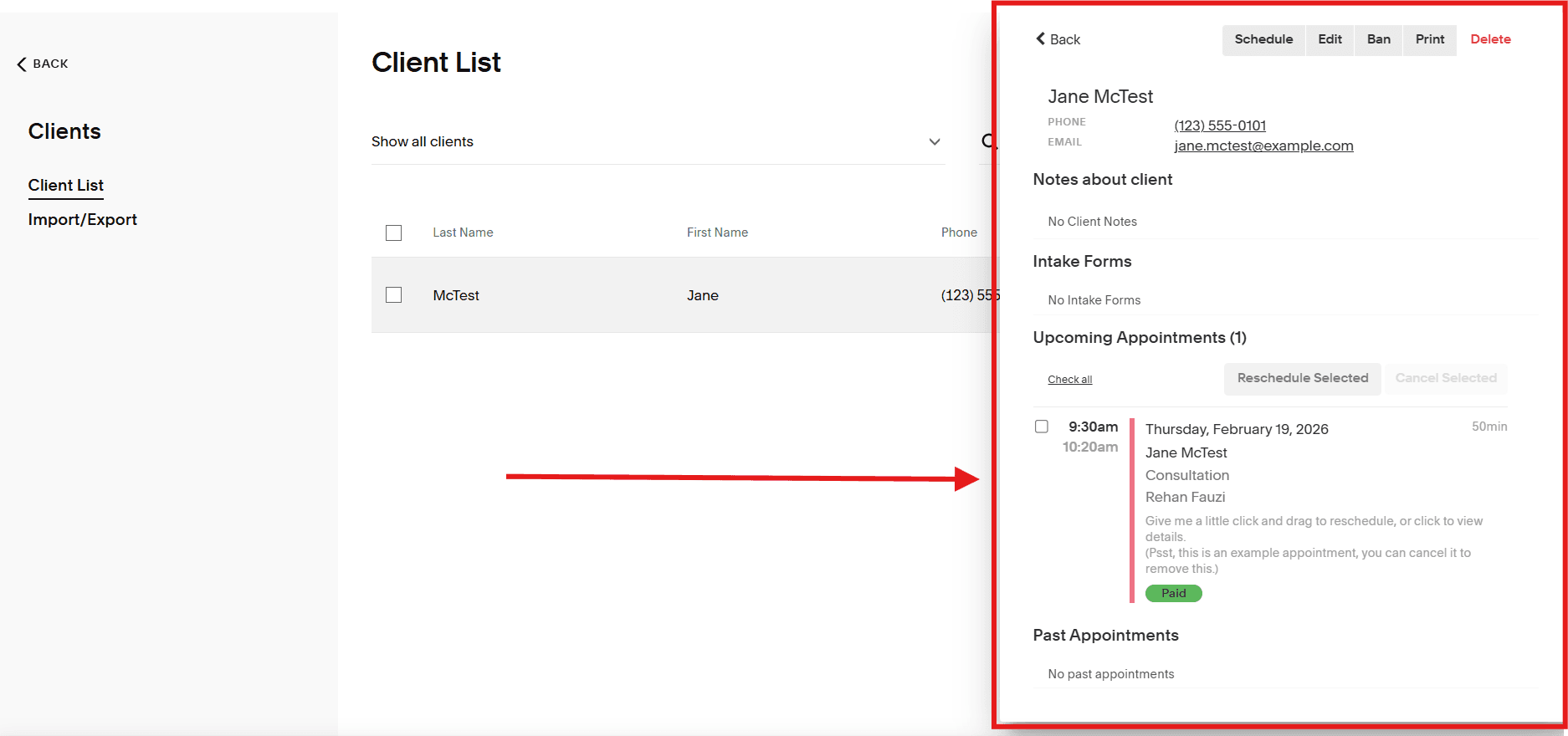 Client management view showing customer list with detailed appointment card expanded