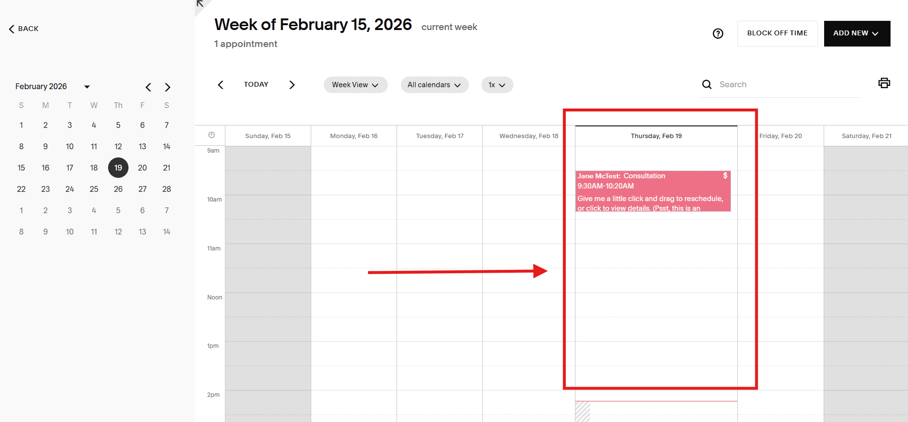 Calendar dashboard displaying scheduled appointments across services and staff