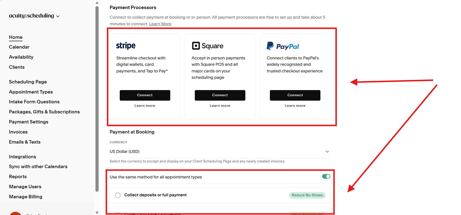 Payment settings screen for connecting Stripe, Square, or PayPal and configuring deposits or packages