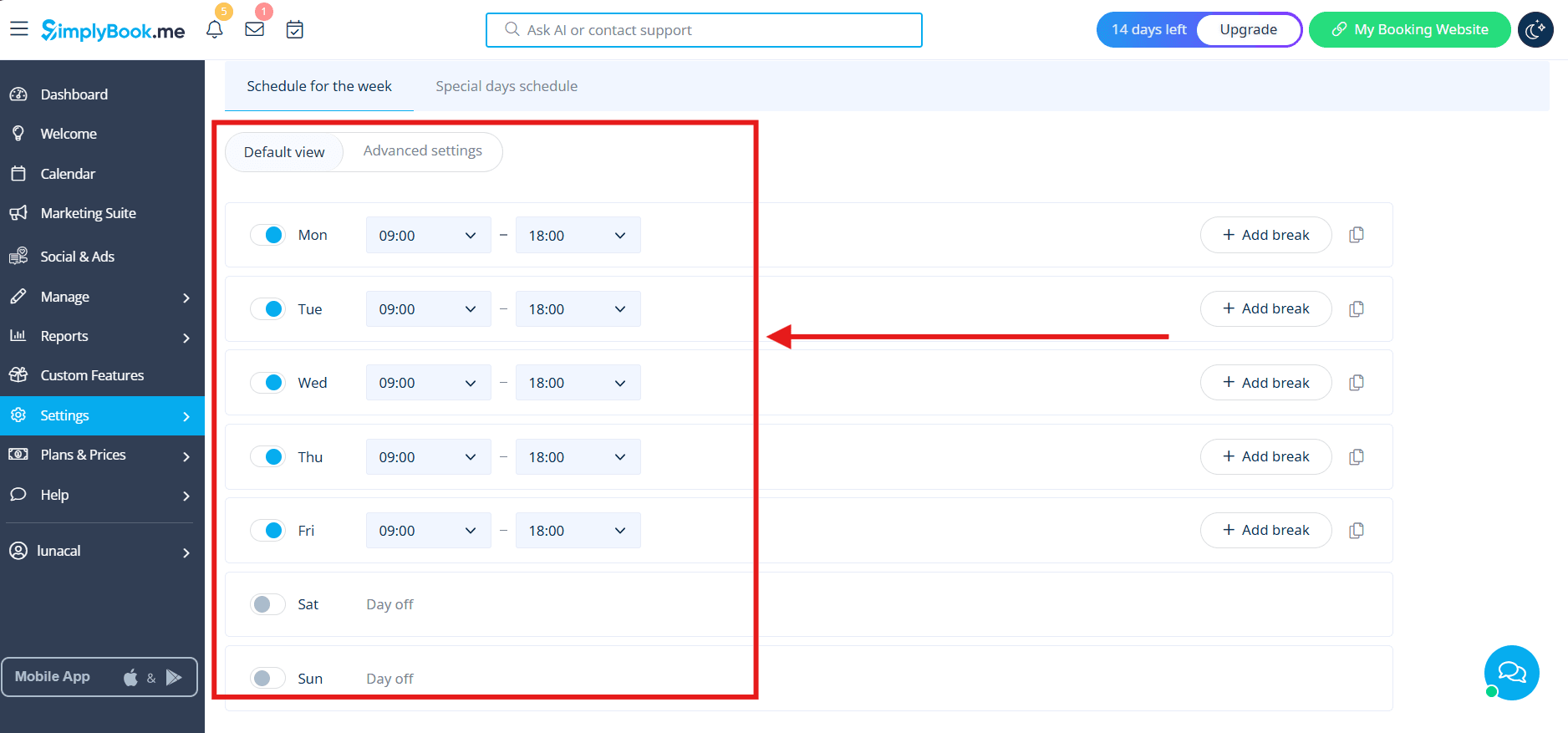 Availability rules panel with service durations, buffers, and capacity controls