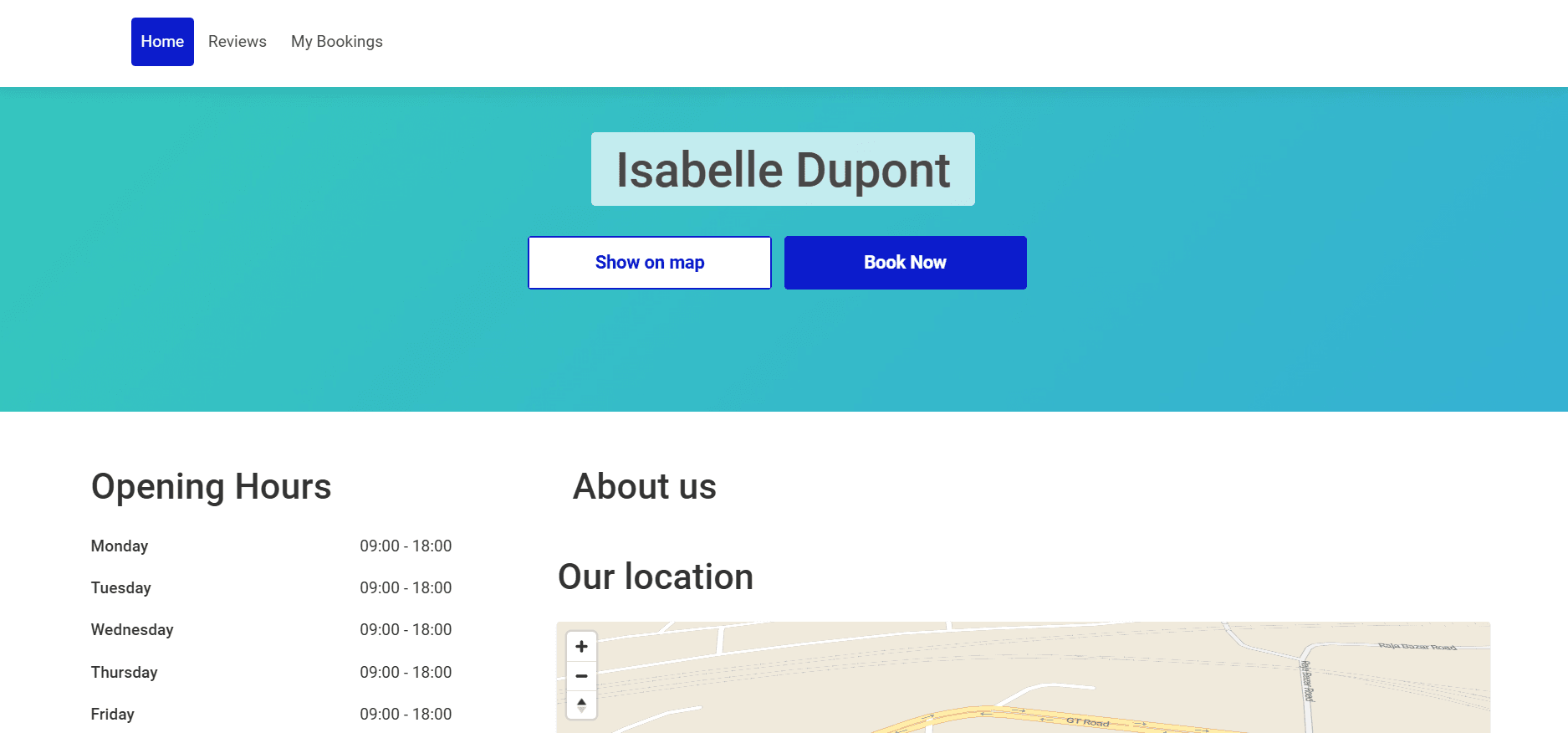 Hosted booking website preview displaying services and real-time appointment availability