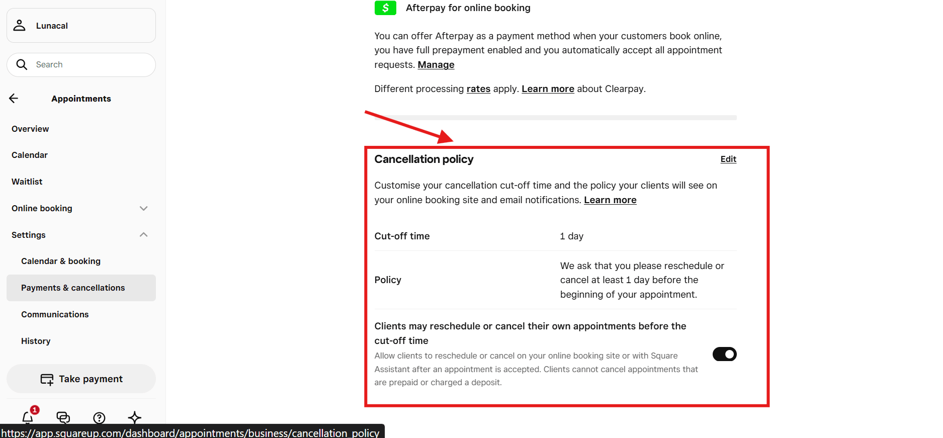 Deposit and cancellation settings panel for configuring no-show fees and booking policies