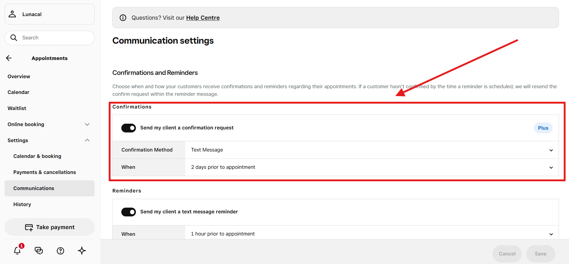 Client messaging interface with automated email and SMS reminder options
