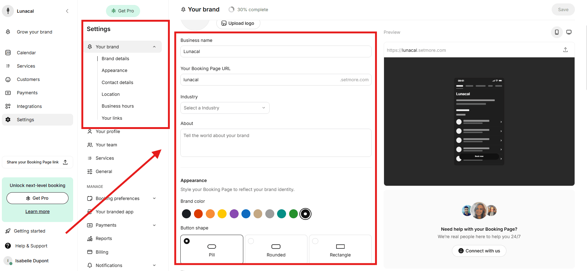 Branding settings panel for customizing booking page colors, buttons, and visuals