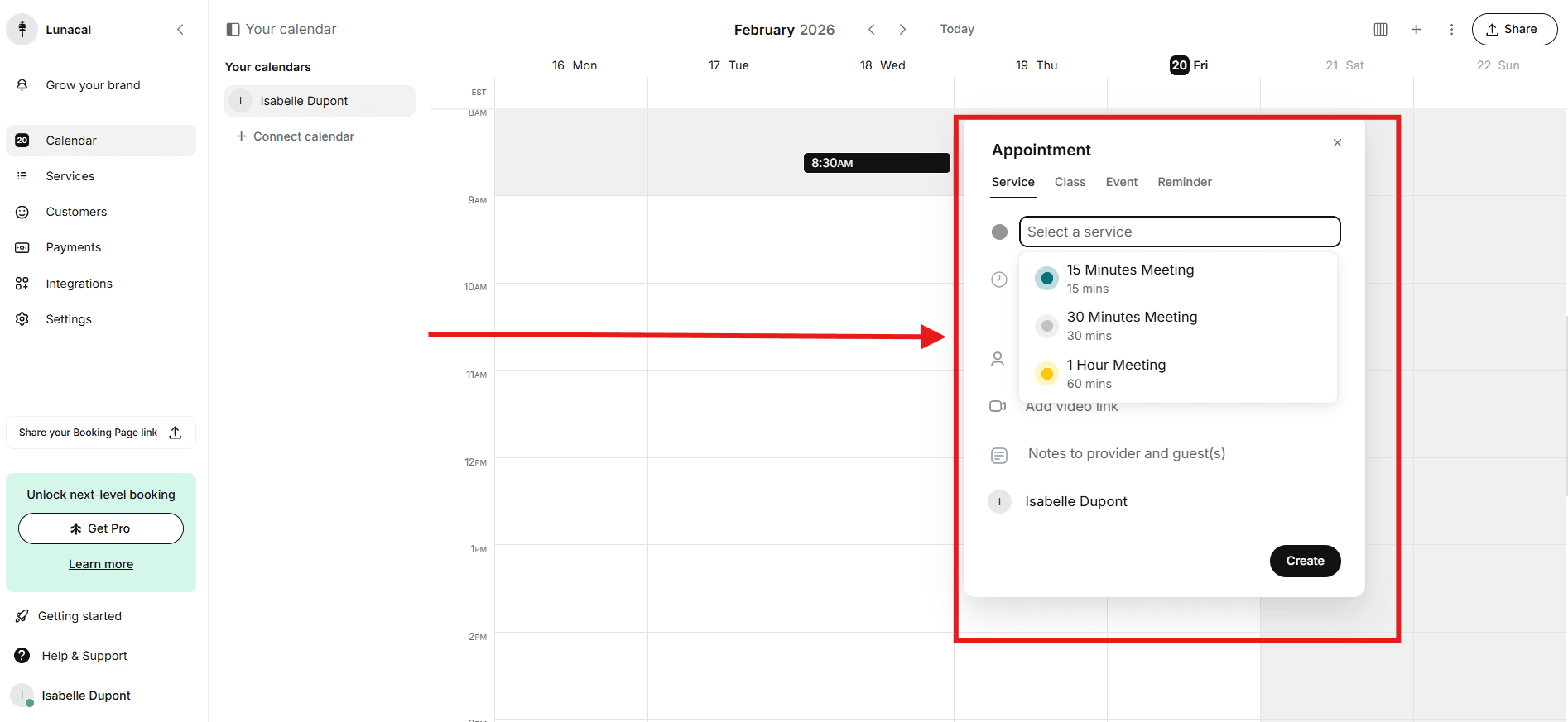 Calendar management dashboard displaying appointments across services and staff