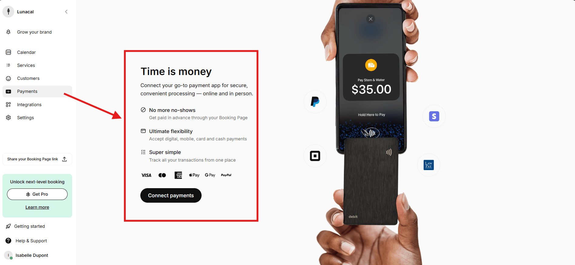 Payment setup screen for connecting providers and enabling deposits or prepaid bookings