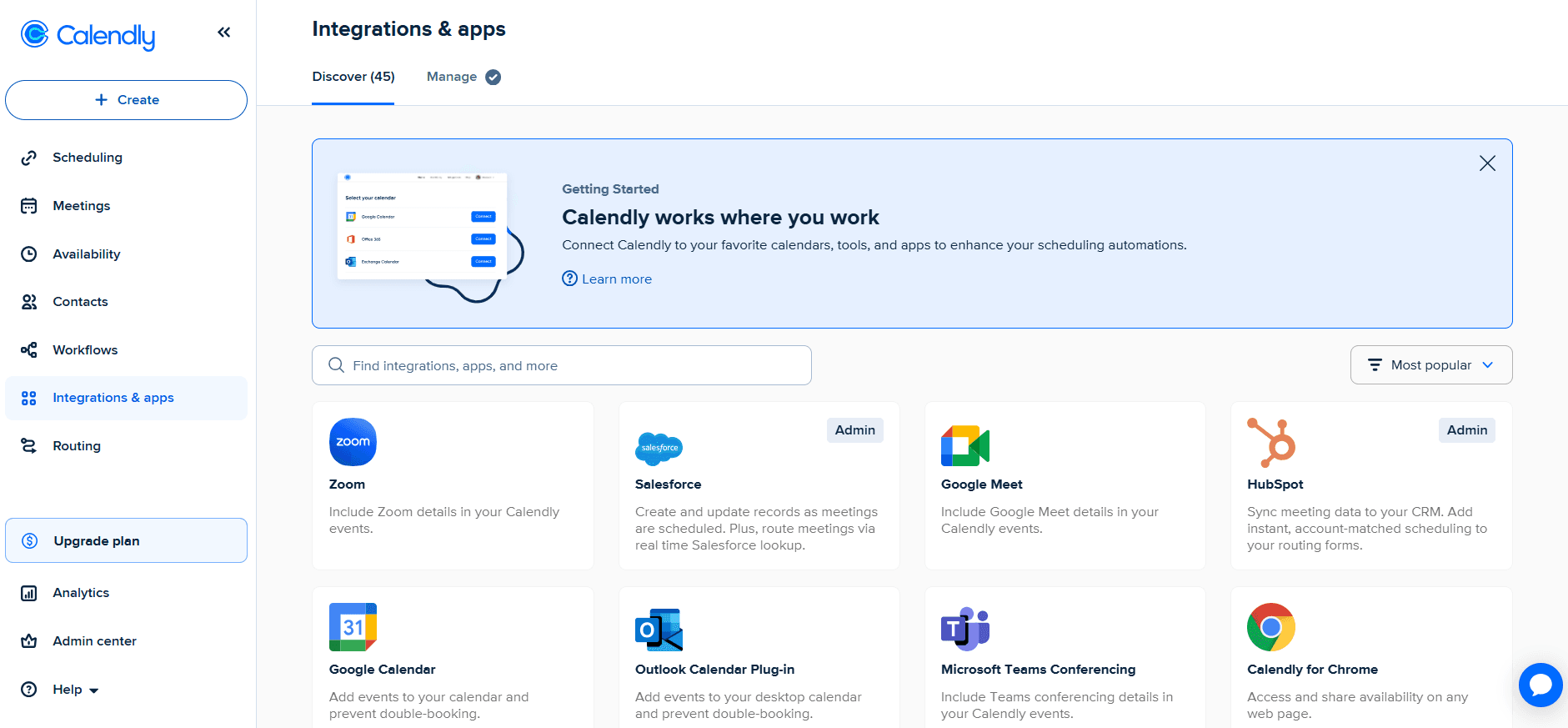 Calendly dashboard overview showing calendar integrations among others
