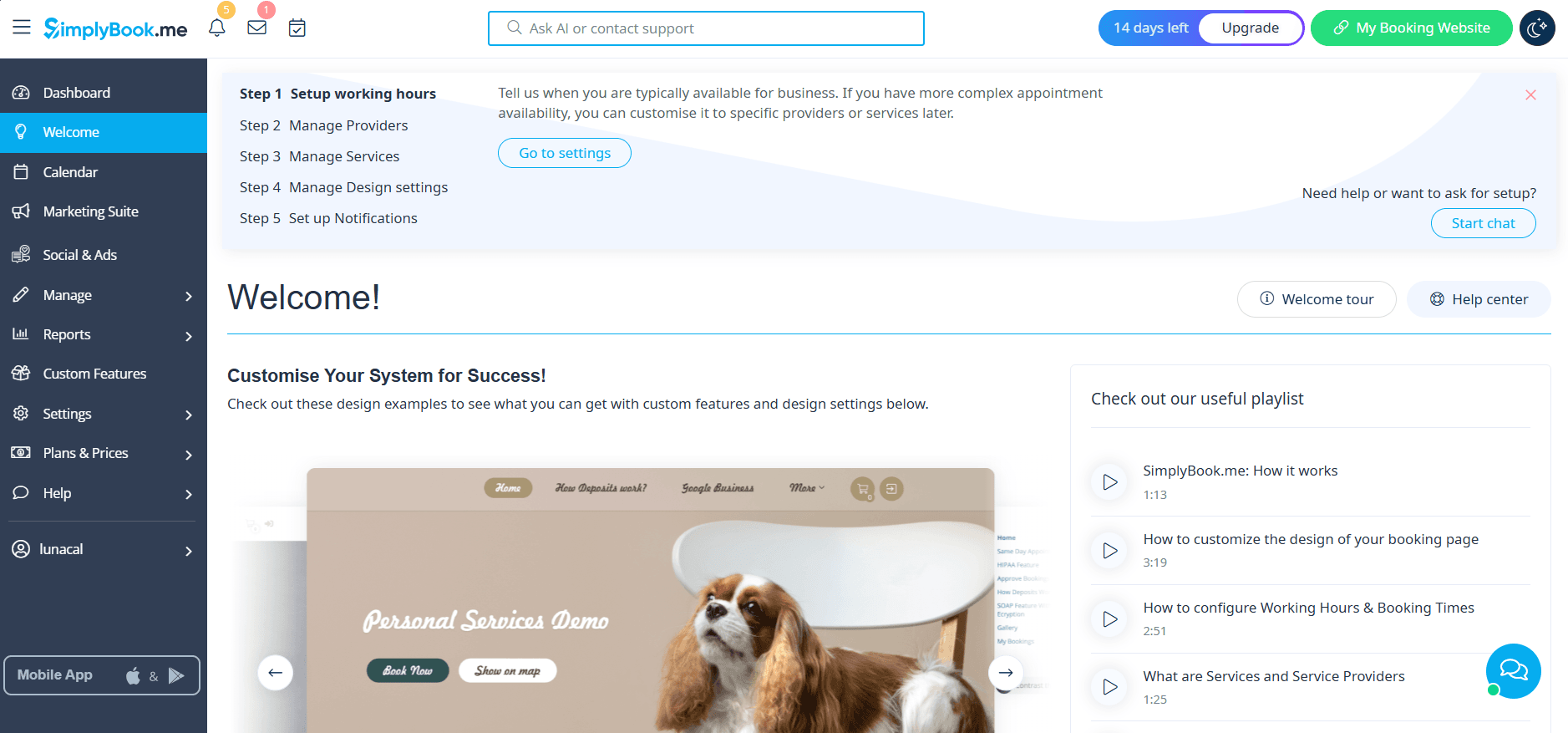 SimplyBook.me dashboard showing service setup, bookings overview, and configuration options