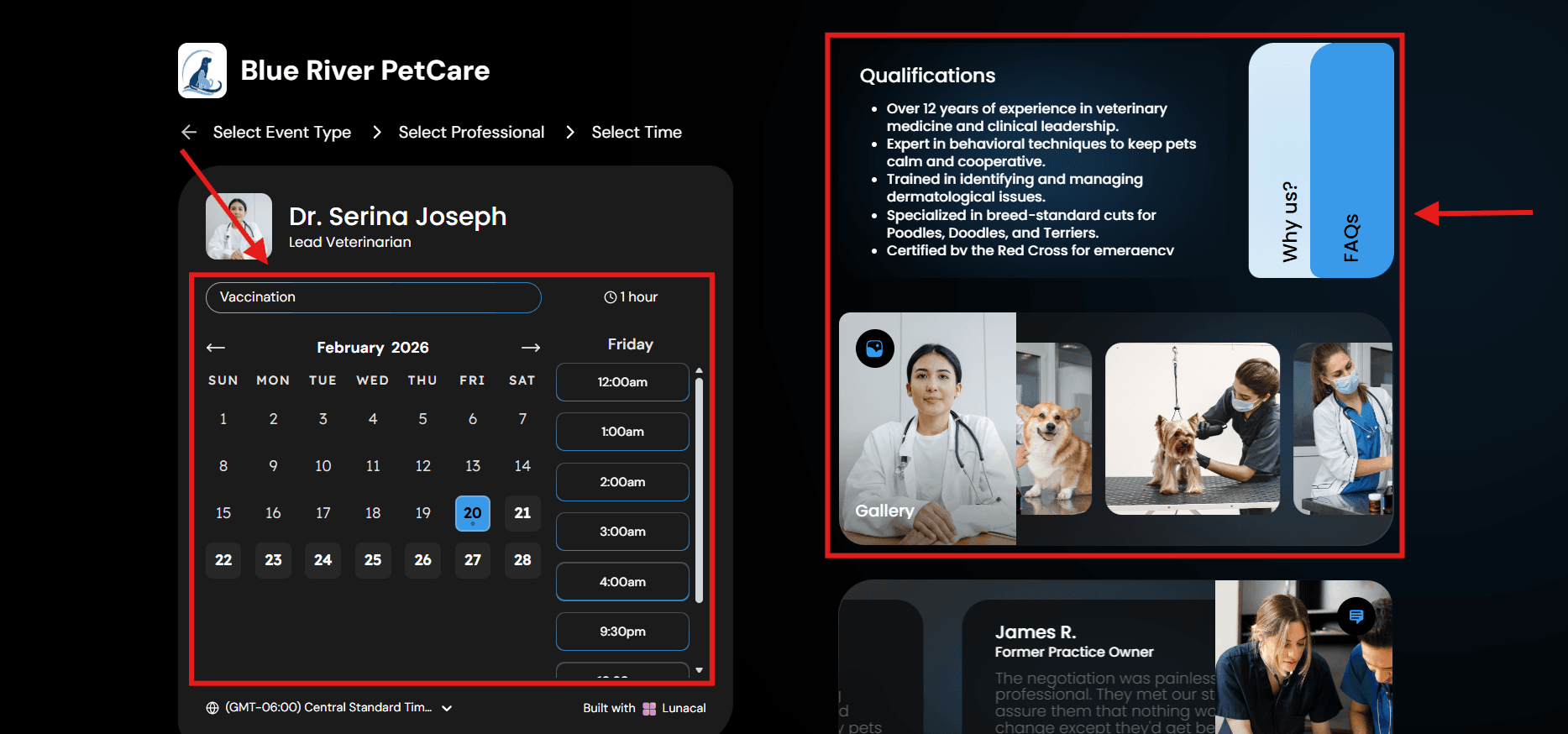 Time slot selection booking page with FAQs and Context cards