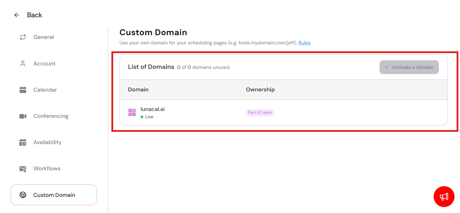 Custom domain settings panel for connecting and managing branded booking URLs