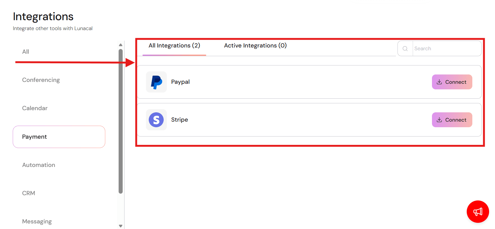 Payment integration screen for connecting Stripe or PayPal and configuring deposits
