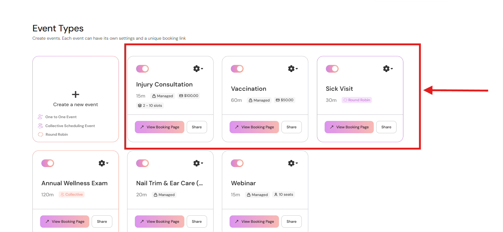Event Types dashboard where users define services, duration, pricing, and booking rules