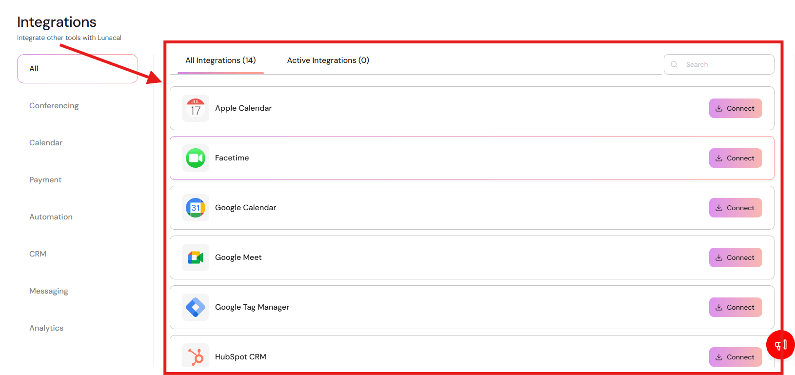 Lunacal’s integrations screen with Calendars and CRM tools