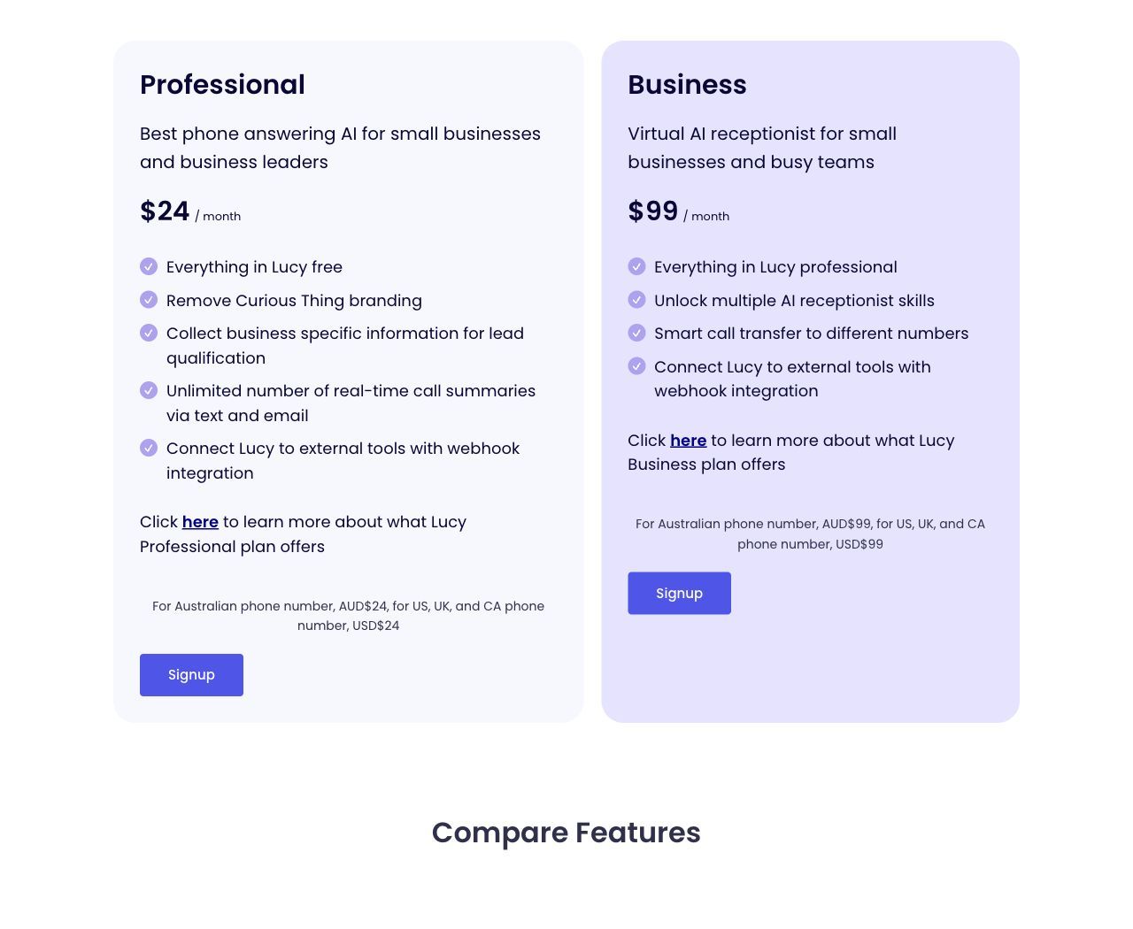 Lucy pricing page shows the billing model and plan allowances used in this AI Frontdesk comparison.
