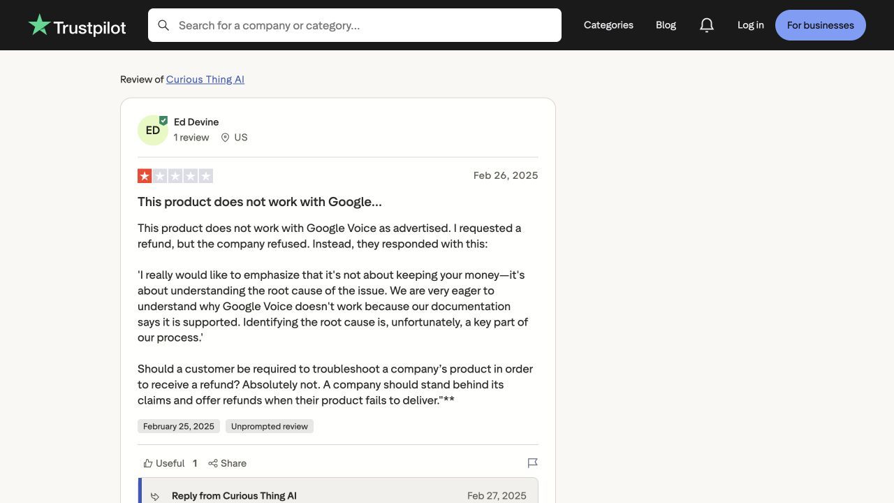 Trustpilot review and company response discussing Lucy’s compatibility with Google Voice tiers
