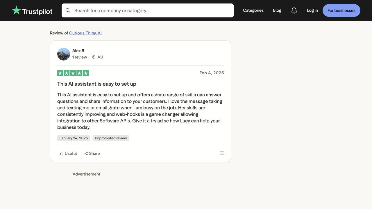 Alex B’s Trustpilot review of Lucy describing message notifications and webhook integrations