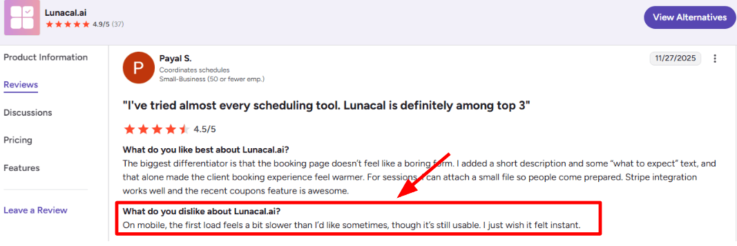 Lunacal G2 mobile load note