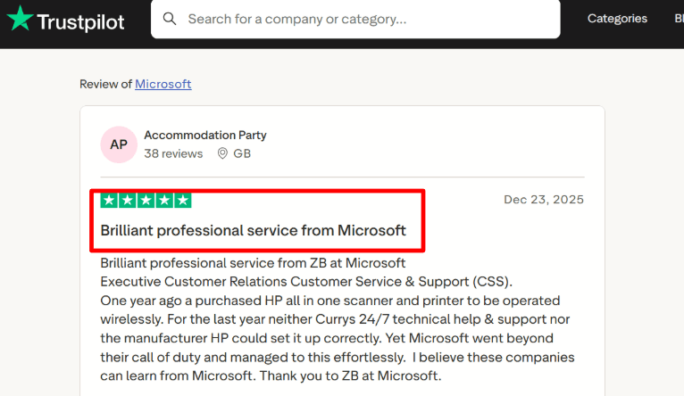 Trustpilot praise for Microsoft support