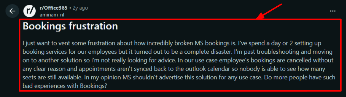 Reddit complaint about Bookings sync