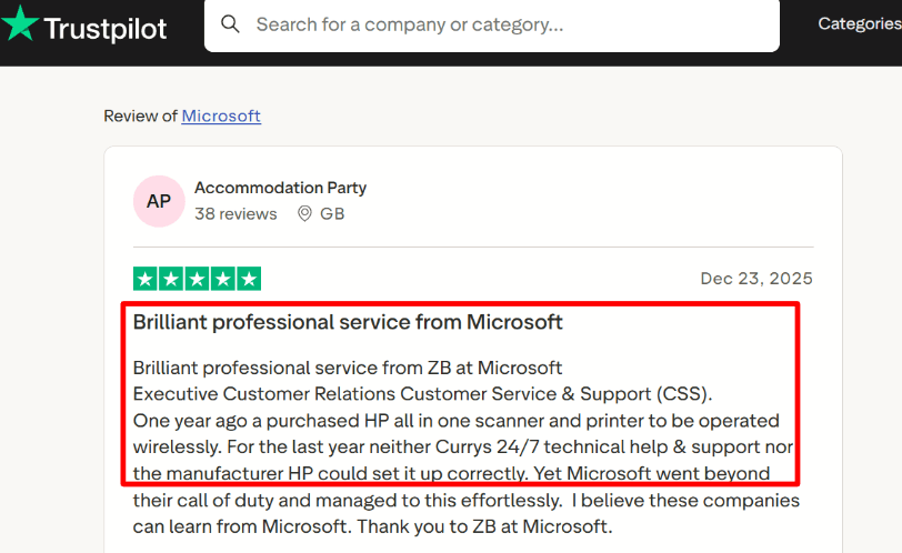Trustpilot praise for Microsoft CSS