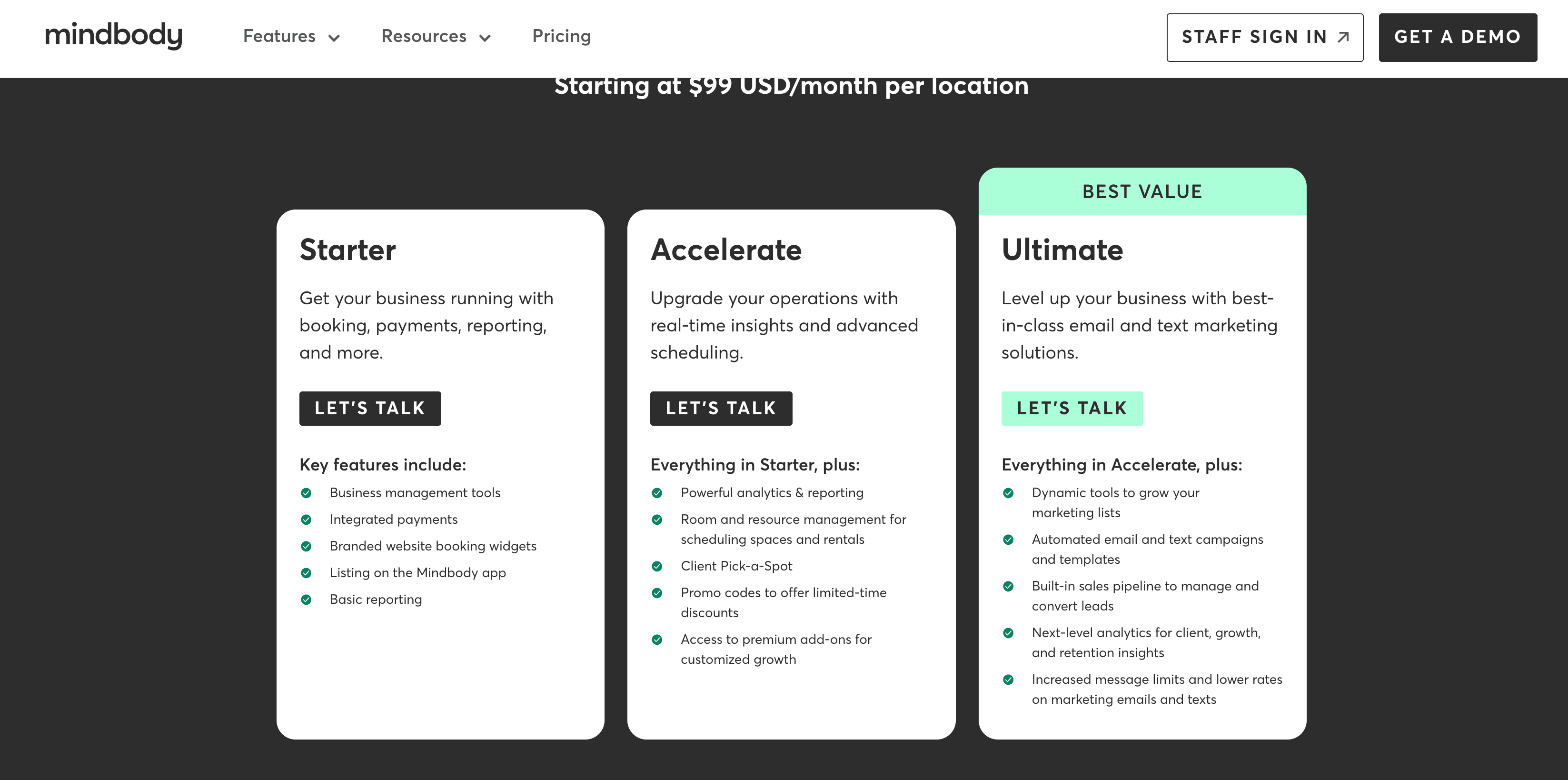 Mindbody pricing tiers screenshot