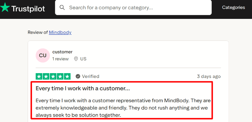 Trustpilot note on Mindbody onboarding