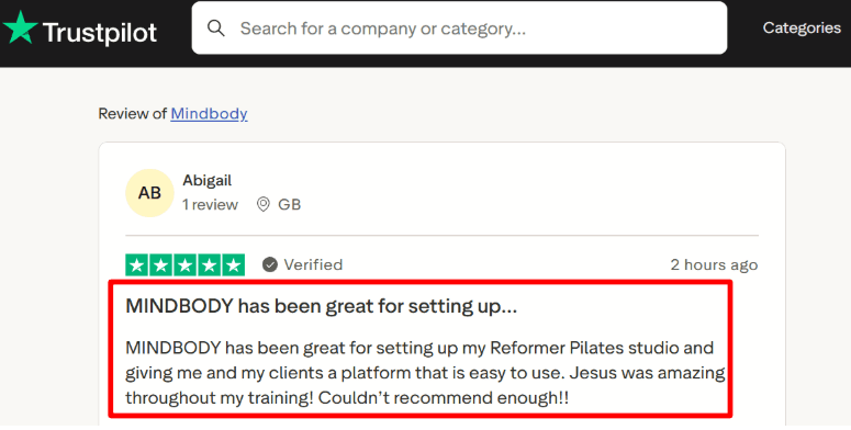 Mindbody onboarding feedback screenshot