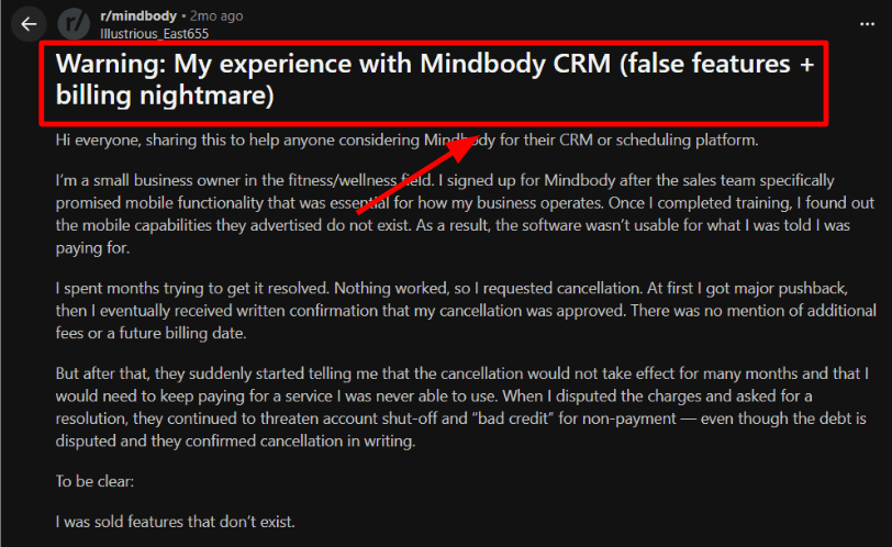 Mindbody CRM warning on Reddit