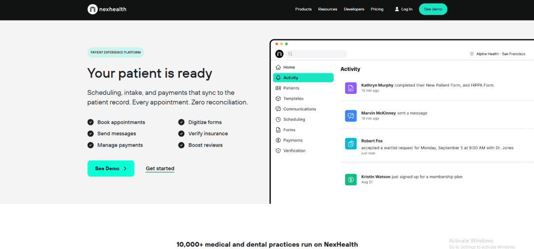 Patient scheduling, intake, payments dashboard