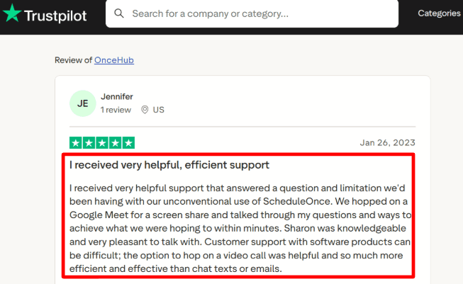OnceHub Trustpilot support praise screenshot
