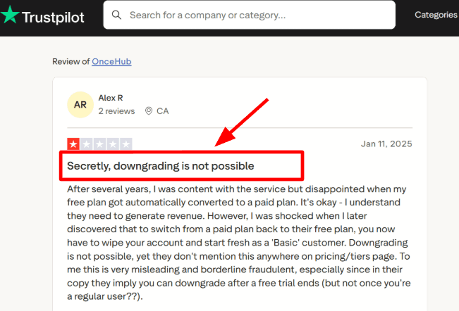 OnceHub Trustpilot downgrade limitation screenshot