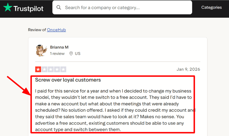OnceHub downgrade friction Trustpilot note