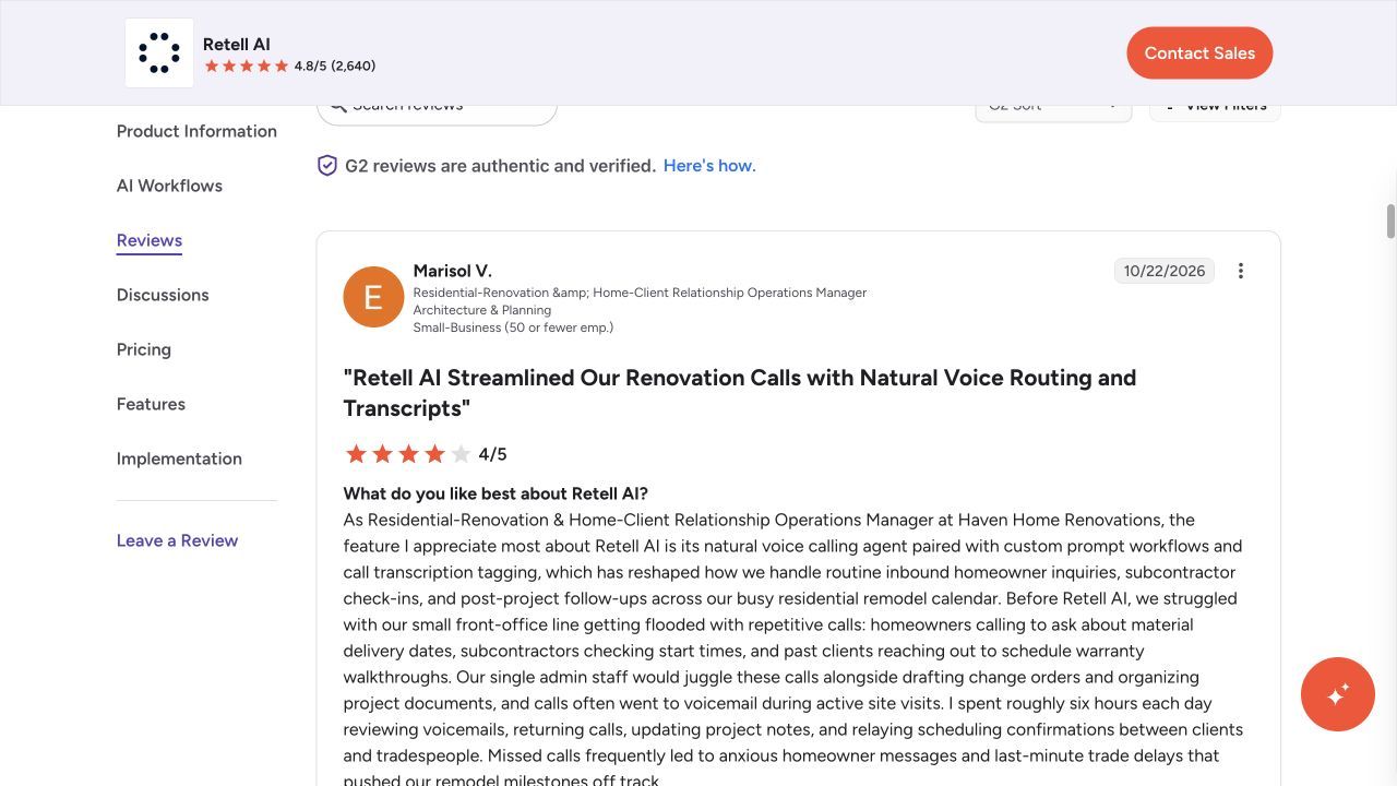 Retell AI G2 review describing custom routing and transcripts in a service business