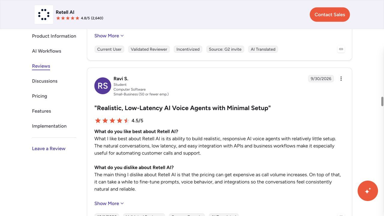 Retell AI G2 review describing responsive voices, API integration and configuration effort