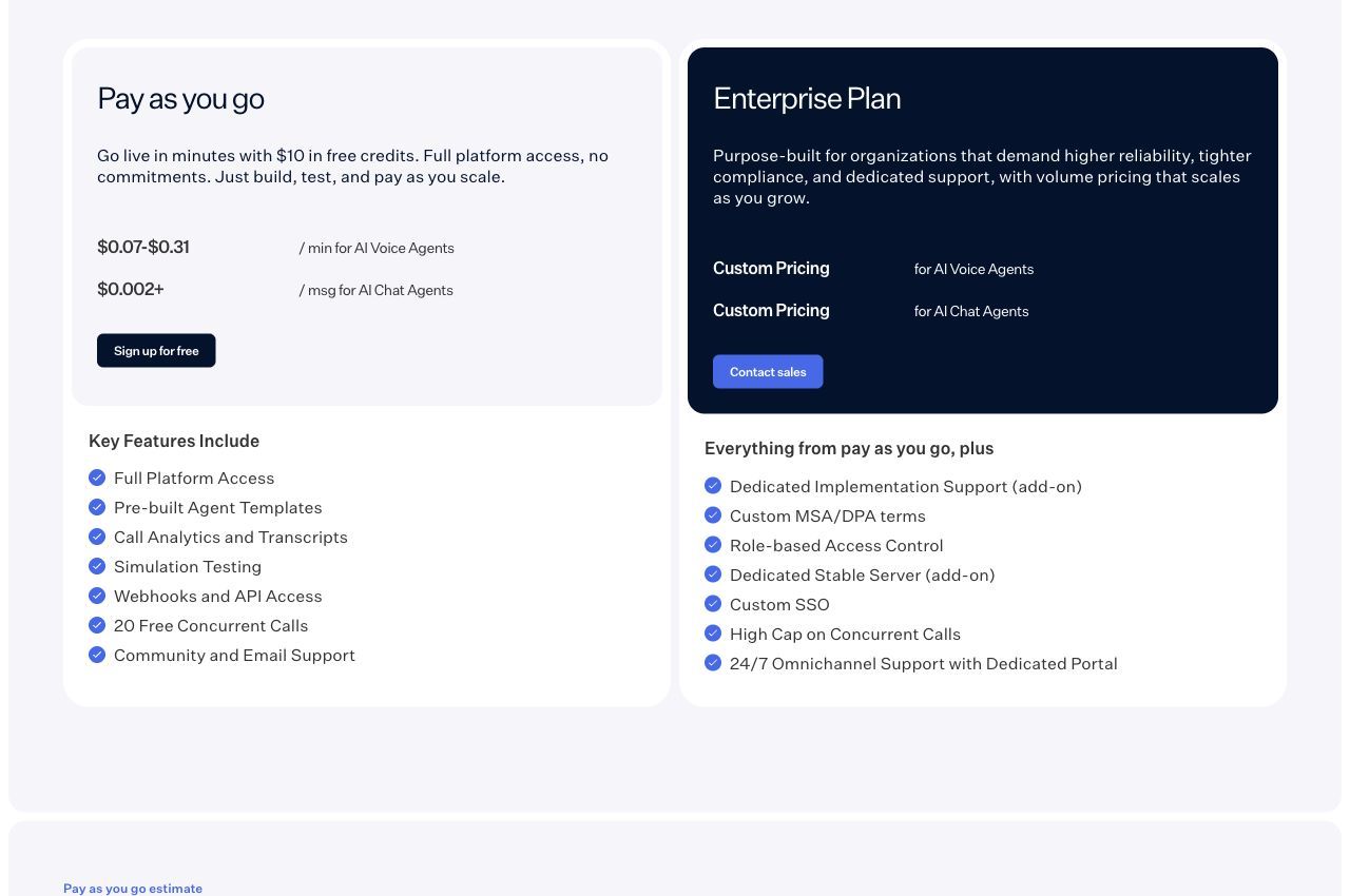 Retell AI pricing showing pay-as-you-go voice rates and a custom Enterprise plan