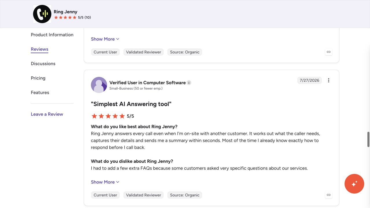 G2 review of Ring Jenny describing caller summaries and the need to add specific FAQs