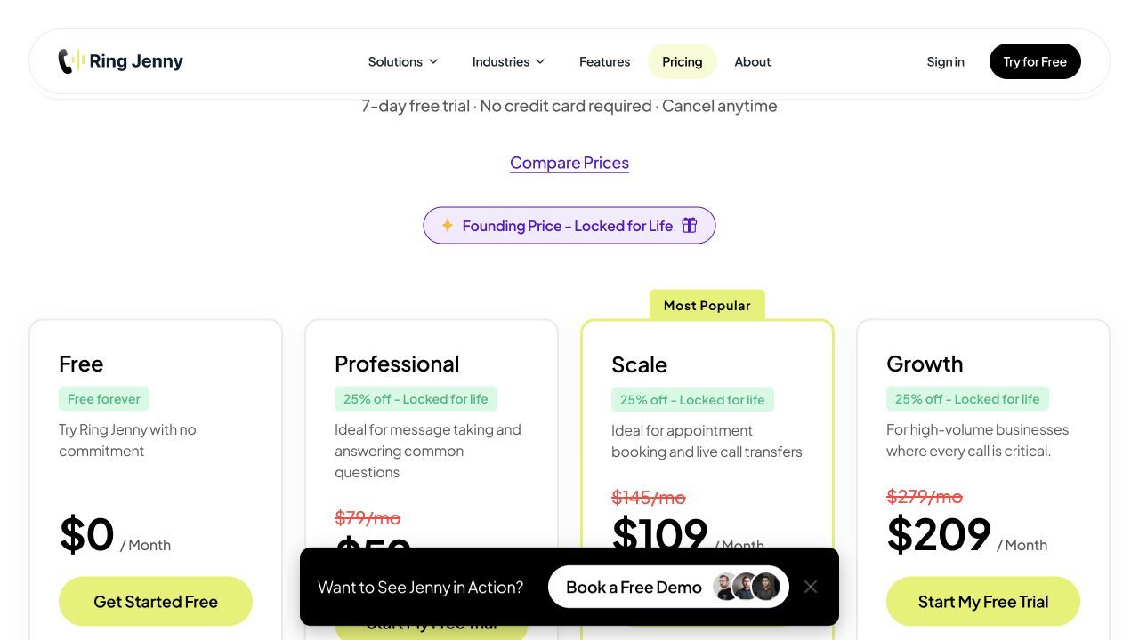 Ring Jenny pricing and usage allowances for AI receptionists with call routing