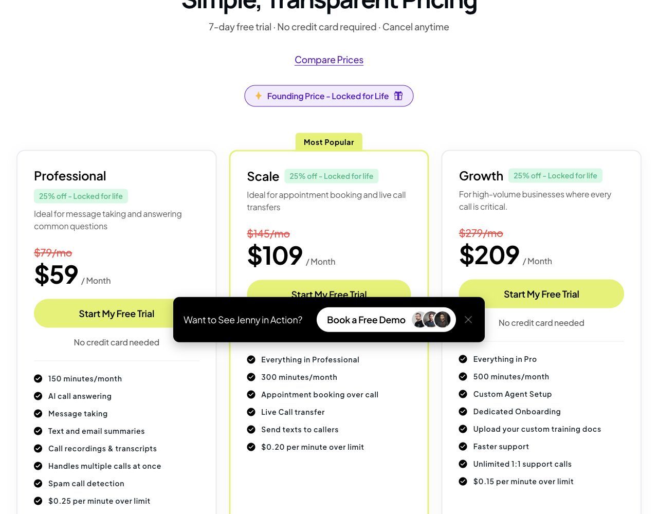 Ring Jenny pricing cards showing Professional, Scale and Growth allowances and feature differences