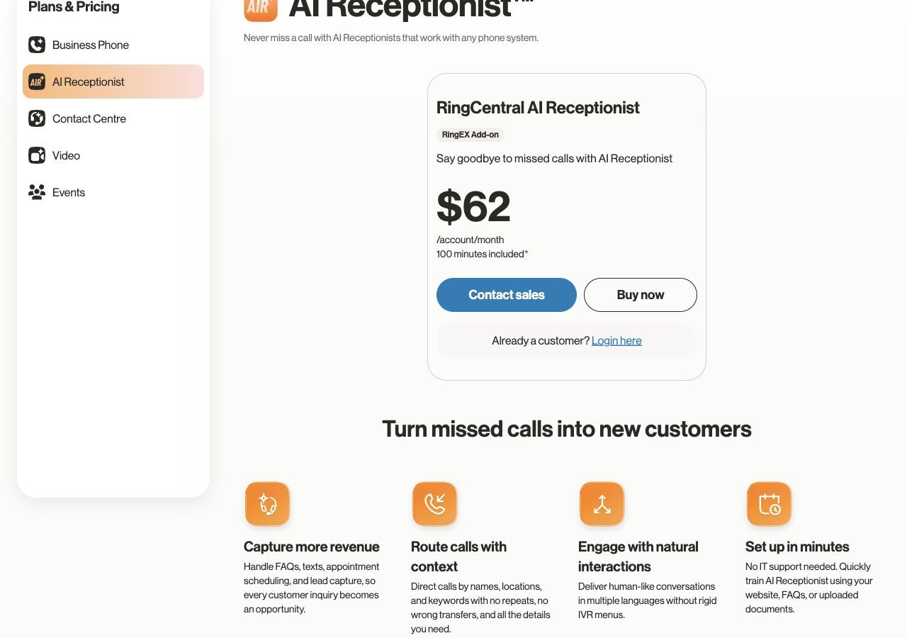 RingCentral AI Receptionist pricing and usage allowances for AI receptionists with call routing