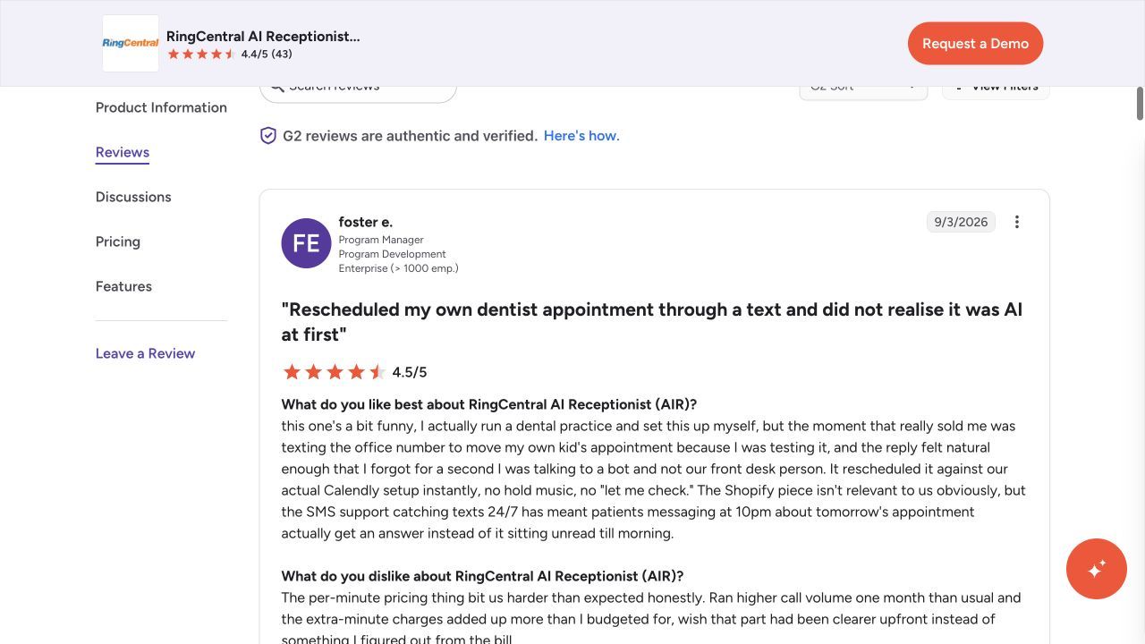 RingCentral AIR G2 review discussing Calendly rescheduling, after-hours texts and usage costs; AI Receptionists with Call Routing (2026)