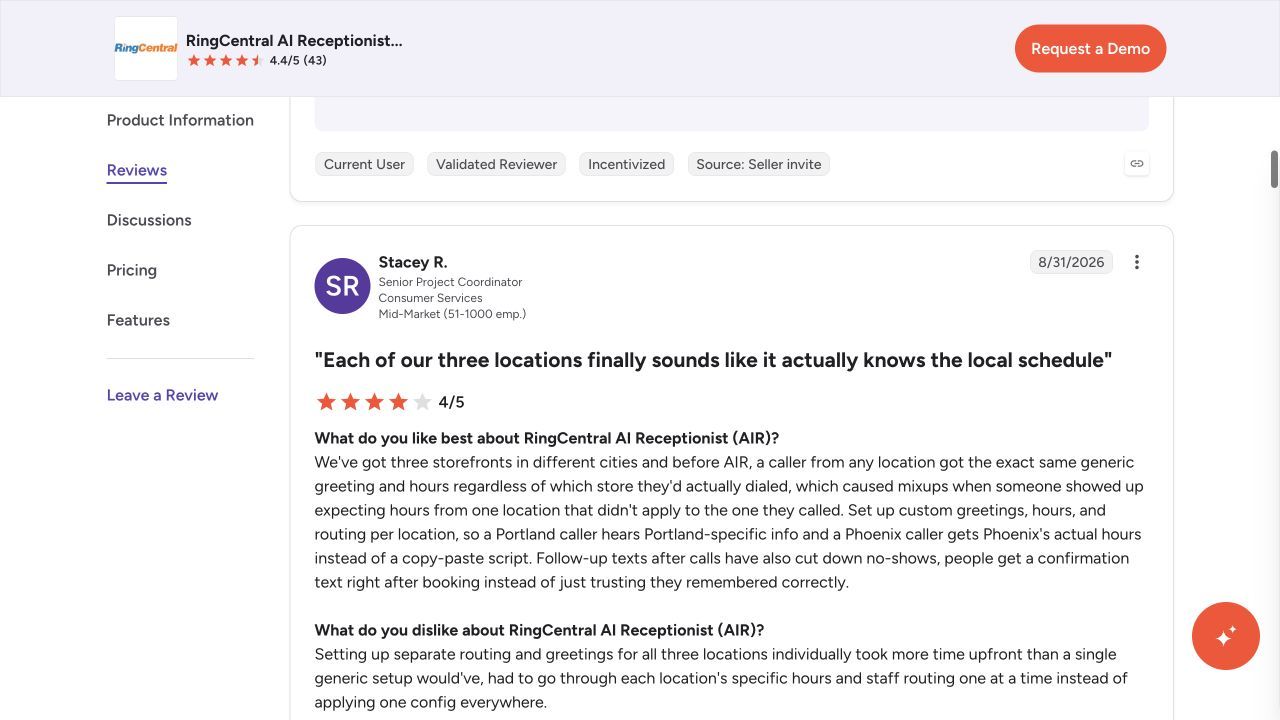 RingCentral AIR G2 review describing different greetings, hours and routing for three locations; AI Receptionists with Call Routing (2026)