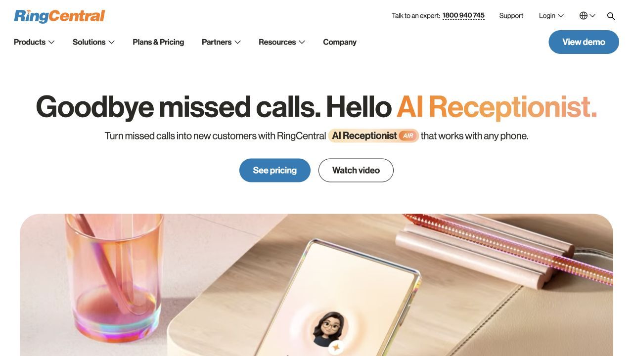 RingCentral AI Receptionist product page for businesses comparing AI receptionists with call routing