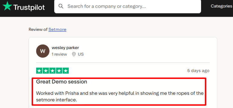 Trustpilot note on Setmore demo