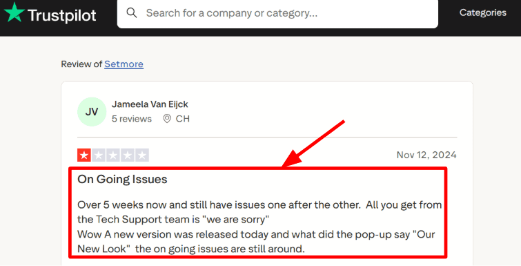 Setmore UI changes Trustpilot review